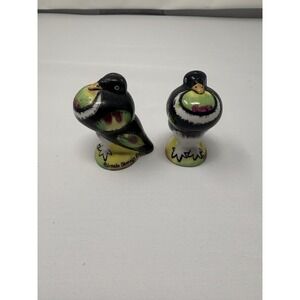 Hand Painted Puffy Bird Salt Pepper Shakers Purple Yellow Green 2 1/4 Japan Colo